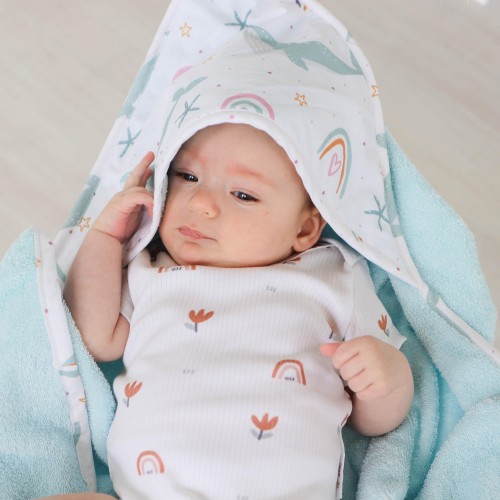 Детское полотенце уголок махровое ELA Textile&Toys Киты Голубой 80х80 см TW001BL