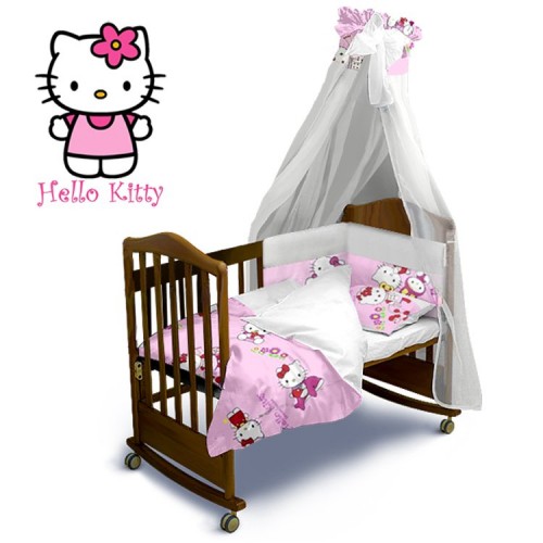 Детское постельное белье и бортики в кроватку Ontario Baby Classic с балдахином Hello Kitty Белый/Розовый ART-0000145