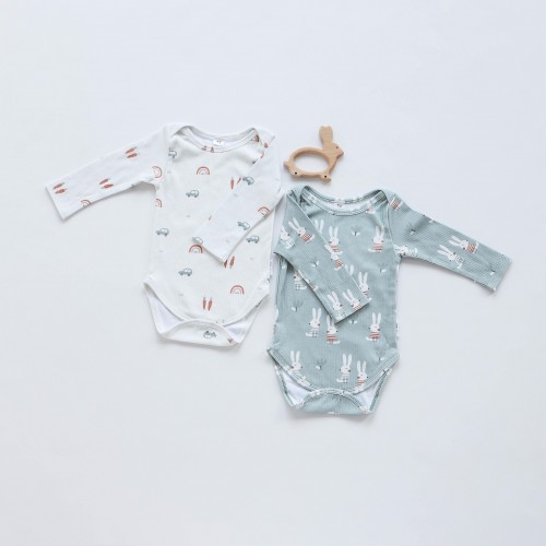 Бодик для новорожденных набор 2 шт ELA Textile&Toys Машинки/Зайчики 0 - 3 лет Интерлок в рубчик Белый/Голубой BS001LSG