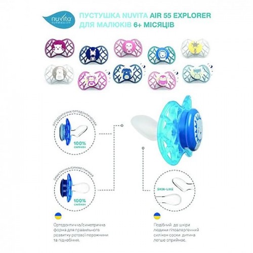 Пустышка силиконовая Nuvita 7066 Air55 Explorer Ортодонтическая 0м+ Голубой/Бирюзовый 2 шт NV7066GM