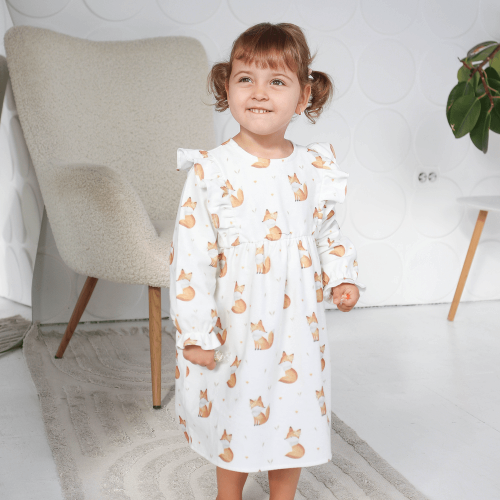 Платье детское на девочку ELA Textile&Toys Лисички 2 - 7 лет Фланель Белый/Коричневый PD001FX