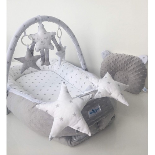 Кокон для новорожденных Happy Luna BabyNest Plush Звездочки Серый/Белый 0152