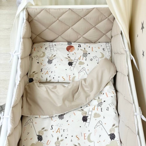 Детское постельное белье и бортики в кроватку Маленькая Соня Baby Mix Зайцы на лесенке Бежевый 029189