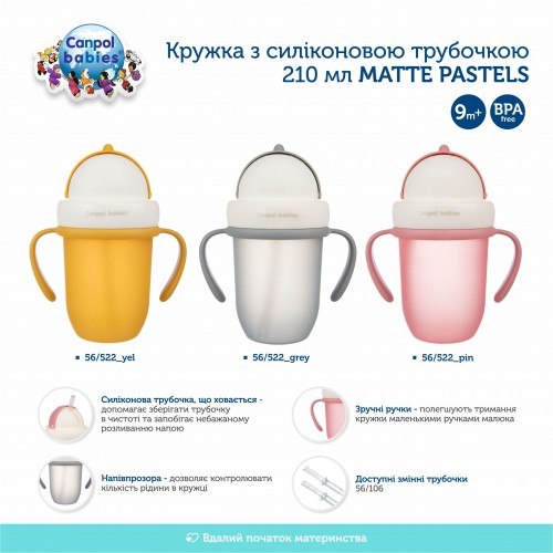 Чашка непроливайка с силиконовой трубочкой Canpol babies Matte Pastels 210 мл Розовый 56/522_pin