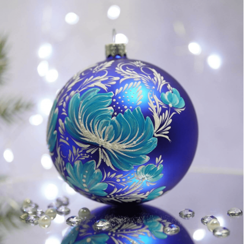 Новогодний шар на елку Santa Shop Петриковка Цветок Синий 10 см 4820001112252